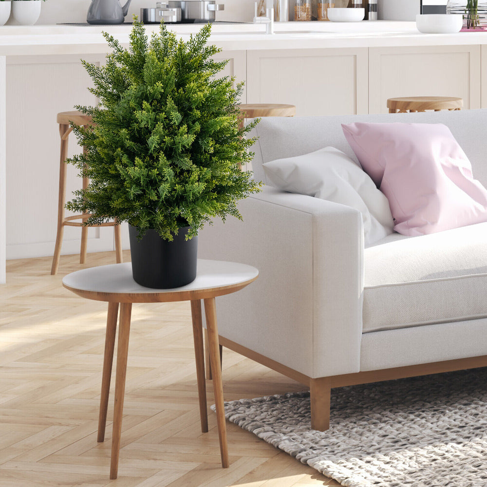 Artificial cedar topiary ball tree in a cement pot, featuring vibrant leaves, perfect for living room or home office.