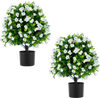 Two pack of artificial eucalyptus topiary trees with vibrant flowers in cement planters, perfect for home or office decor.