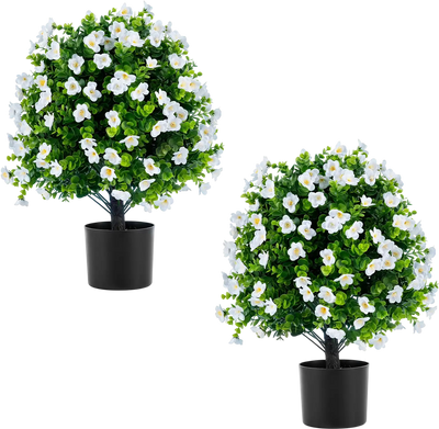 Costway 2 Pack Artificial Eucalyptus Topiary Trees w/ Flowers Cement Planter 42287623 New
