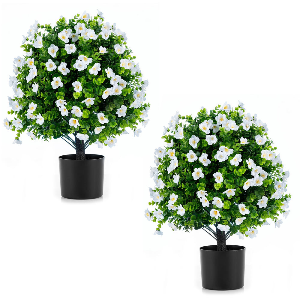 2 Pack Artificial Eucalyptus Topiary Trees with Flowers and Cement Planter for Home-White - Gallery View 1 of 1