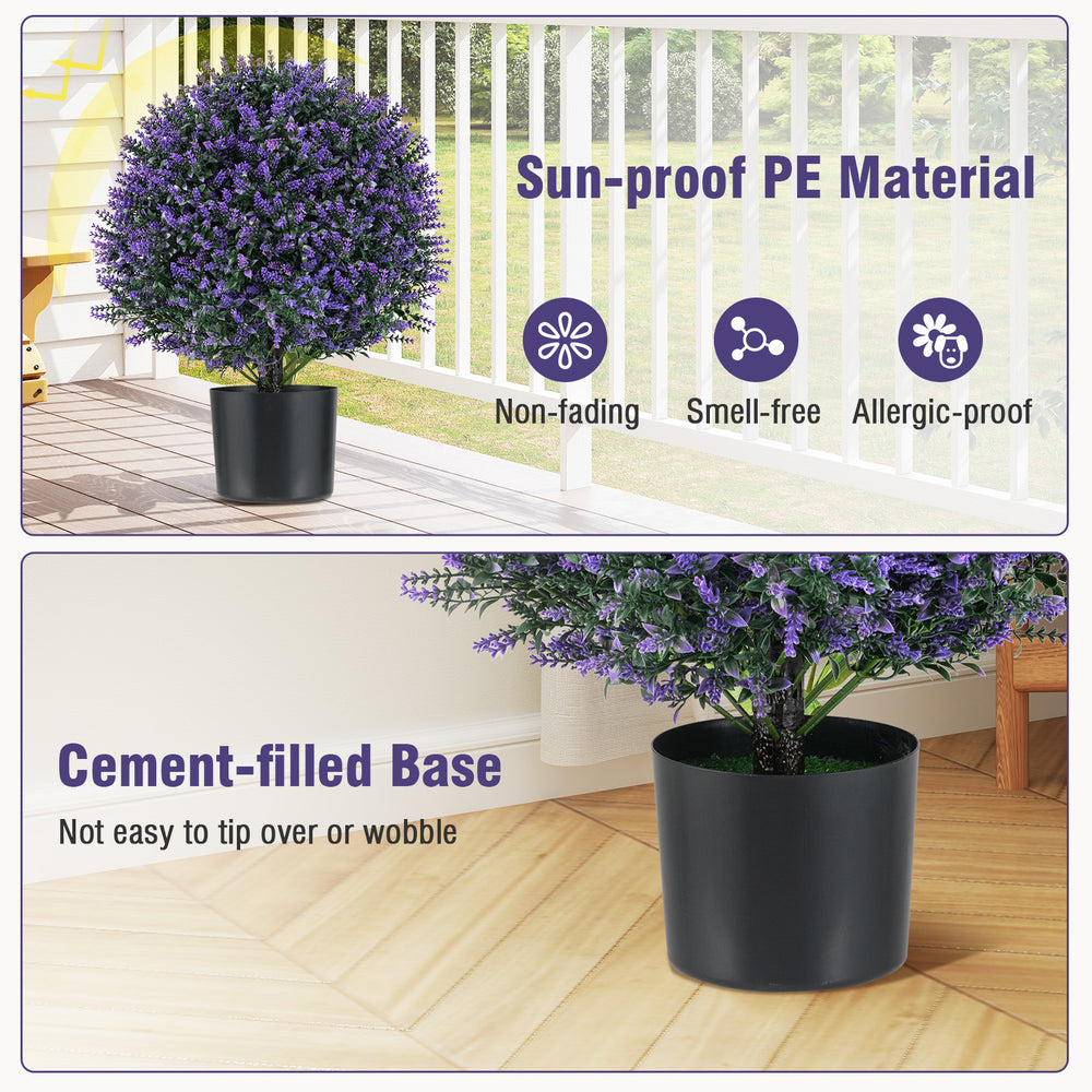 Artificial lavender topiary ball tree in a cement-filled pot, crafted from sun-proof PE material for indoor or outdoor.