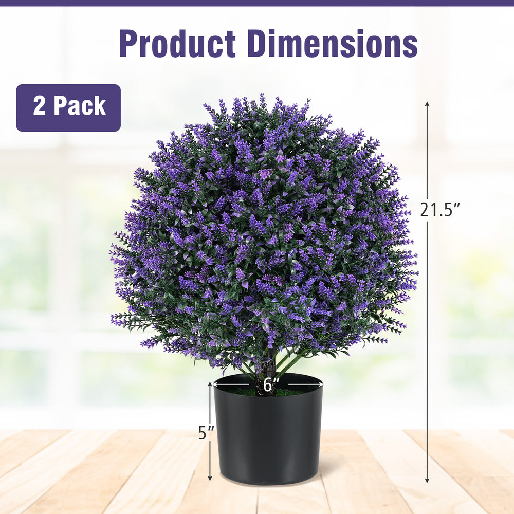 Artificial lavender topiary ball tree in a black pot, 21.5” tall, perfect for home or office decor. 2 pack.