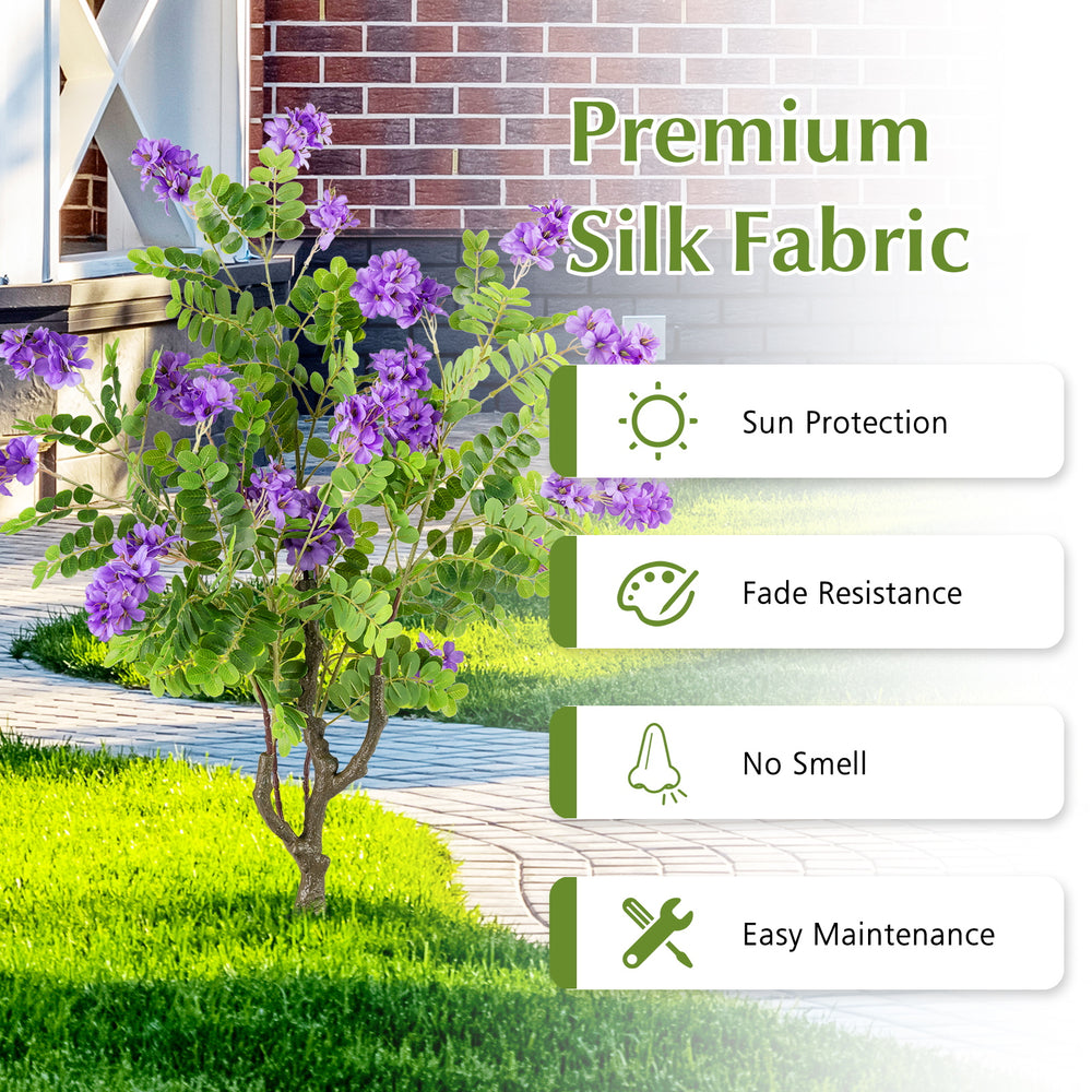 Artificial locust flower tree with purple blooms, made of premium silk fabric for sun protection and fade resistance.