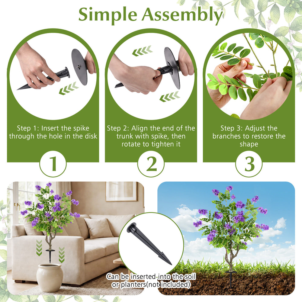 Artificial locust flower tree with purple blooms and ground spike for easy outdoor placement and simple assembly.