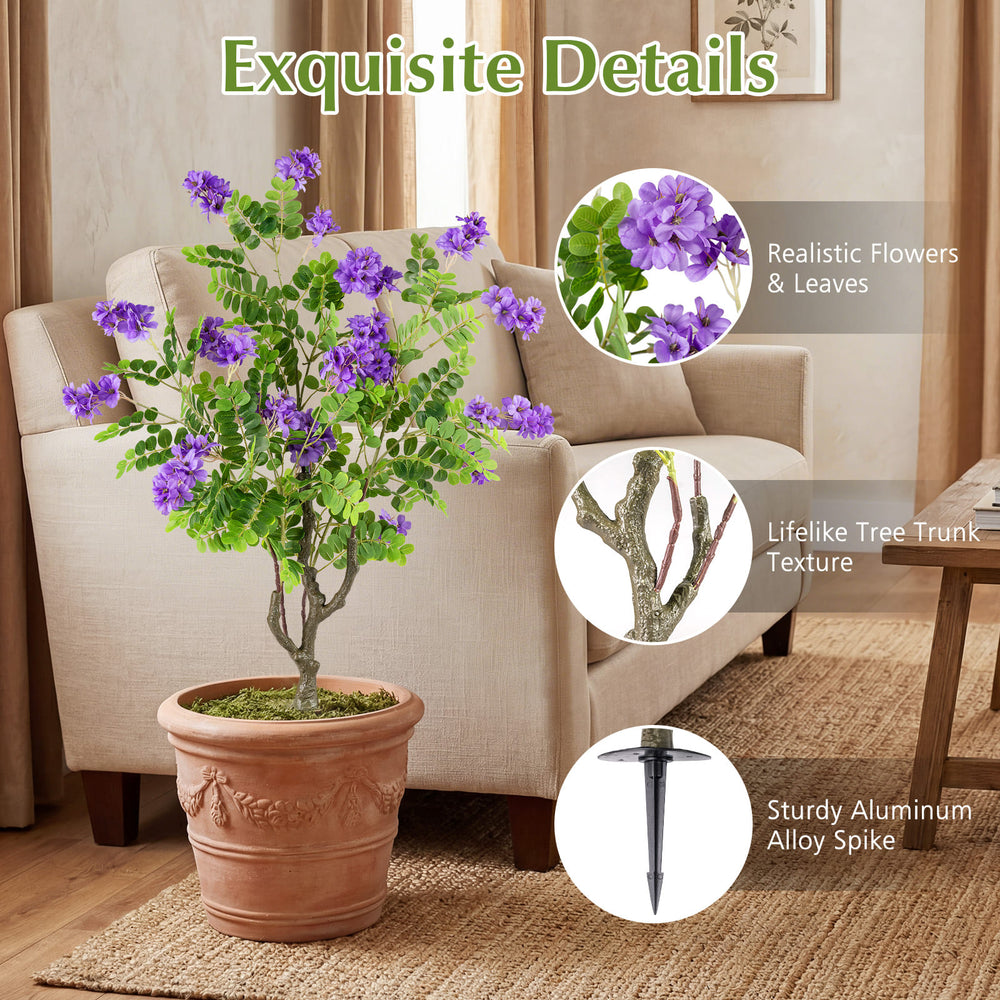 Artificial locust flower tree with purple flowers, lifelike trunk texture, and sturdy aluminum spike for easy anchoring.