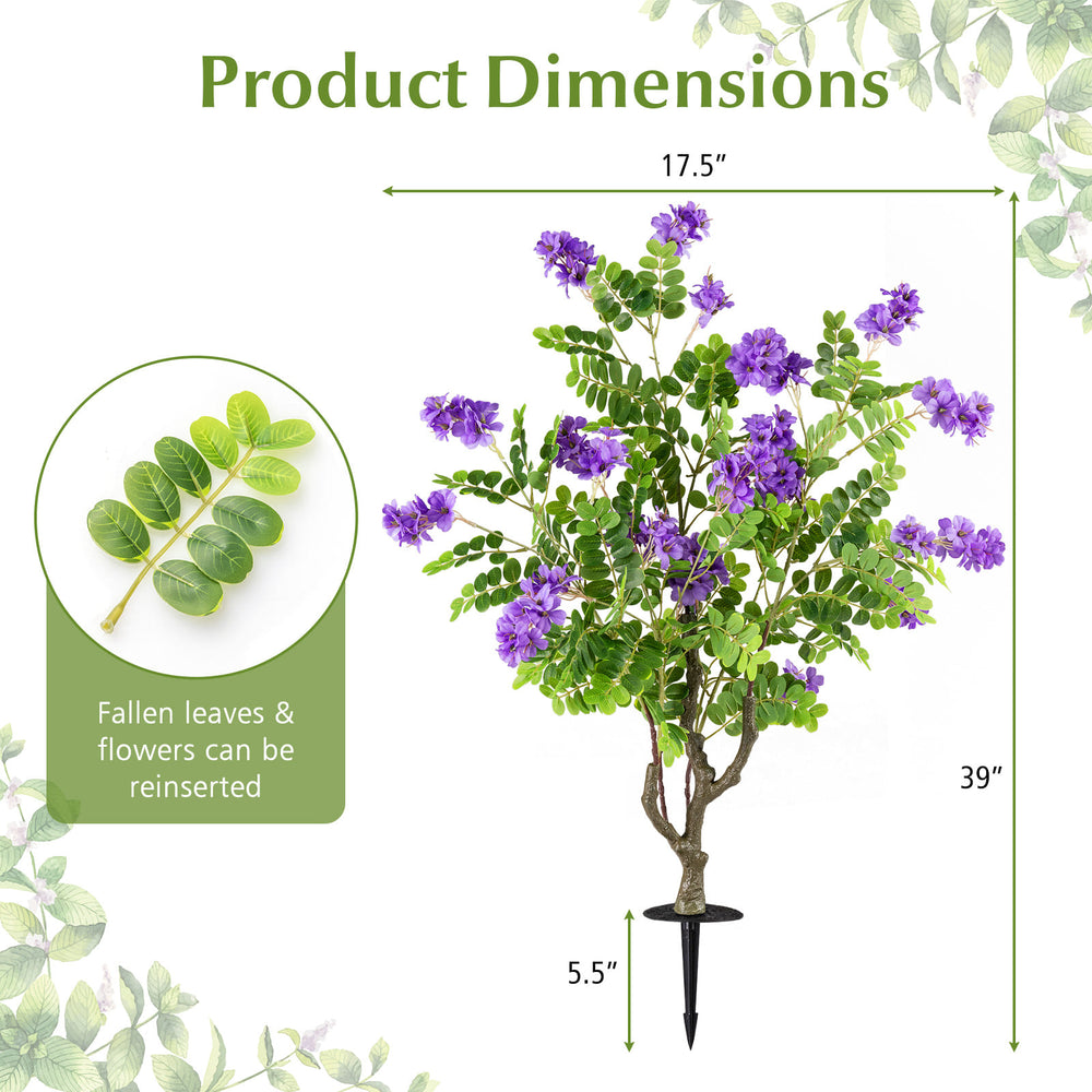 Artificial locust flower tree with purple blooms, 39 inches tall, featuring a realistic trunk and sturdy ground spike.