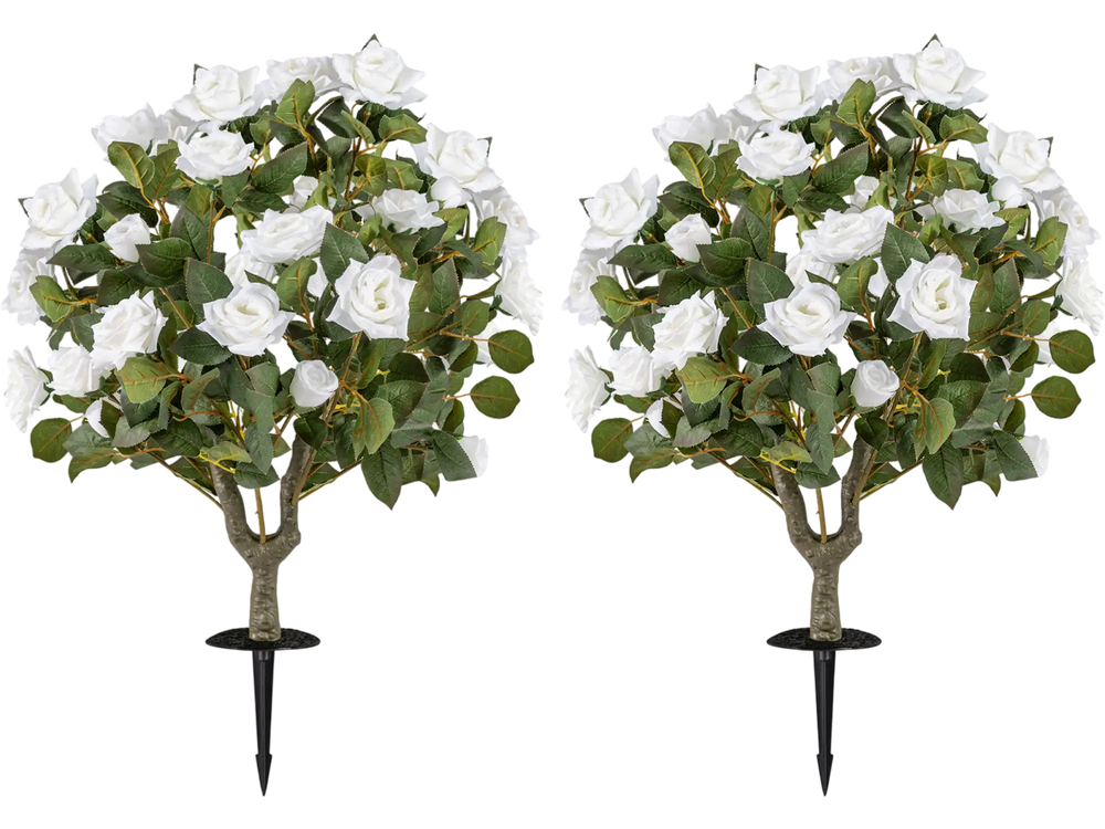 Two pack of artificial rose flower trees with 18 white flowers and sturdy spikes for indoor and outdoor decoration.