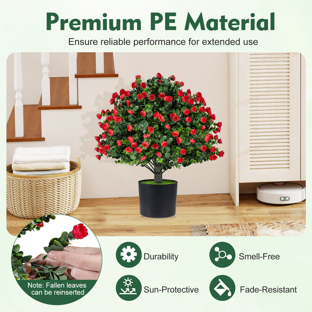 Artificial rose topiary ball tree with vibrant red roses, durable PE material, and cement-filled flowerpot for home.