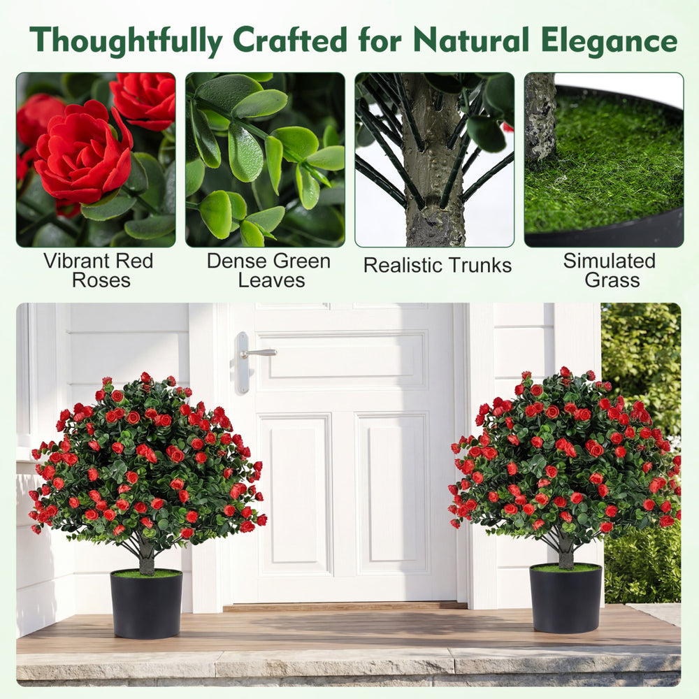 Vibrant red rose topiary ball trees in cement-filled pots, perfect for home or garden decoration with realistic trunks.