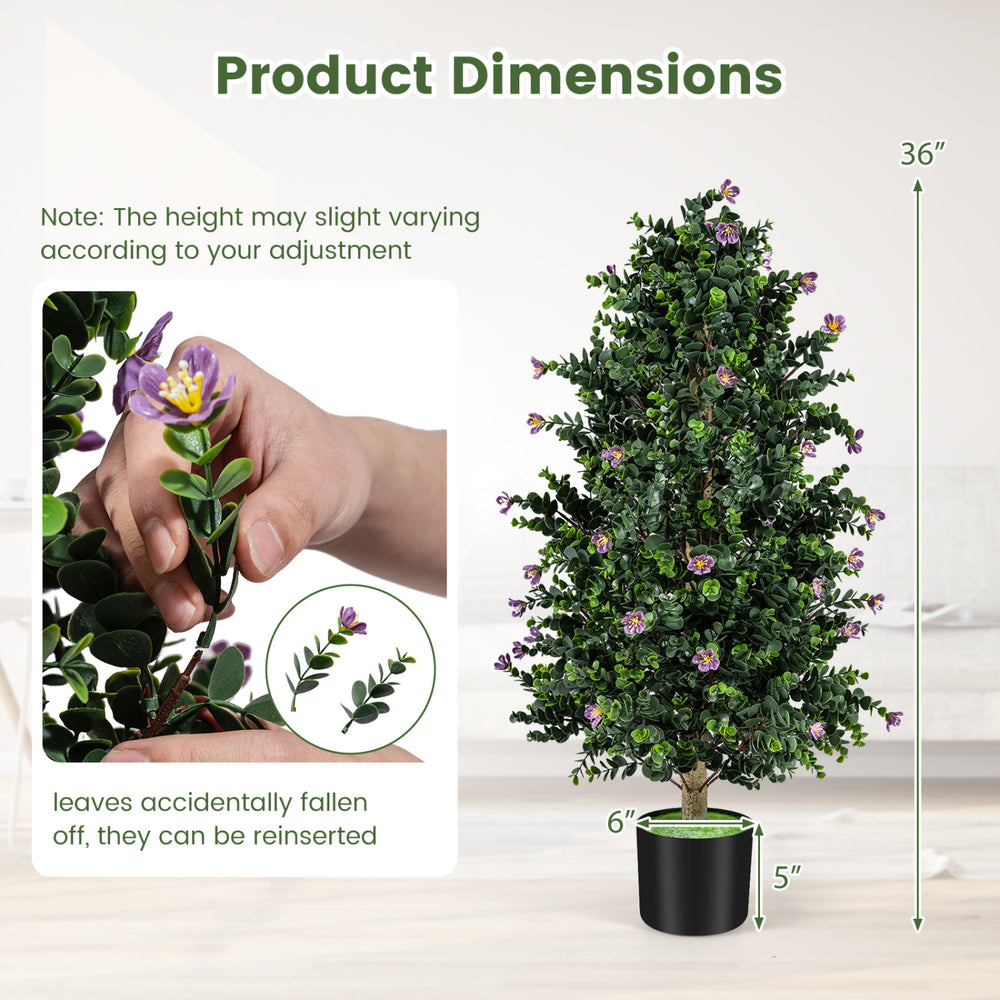 Artificial topiary cone tree with 49 purple flowers, 36 inches tall, ideal for office or living room decor.