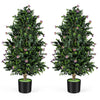 Two pack of artificial topiary cone trees with 49 purple flowers in sturdy black pots, ideal for indoor or outdoor.