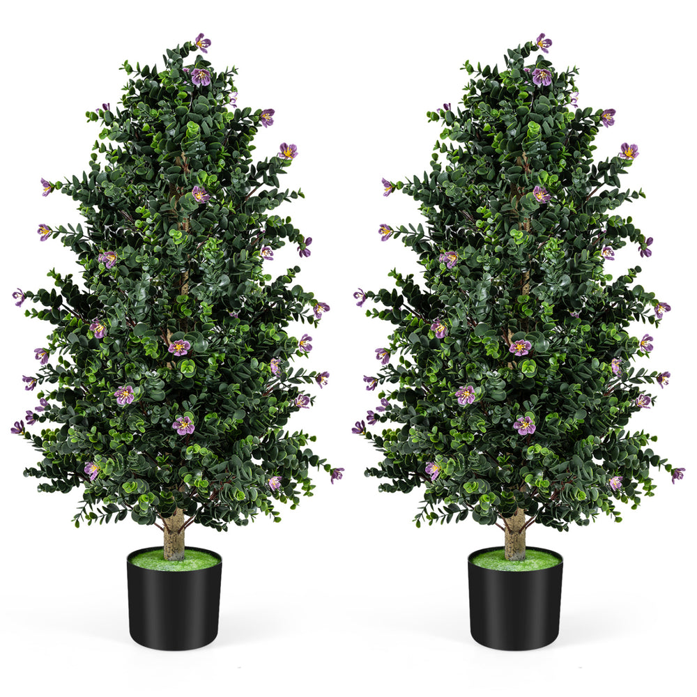 Two pack of artificial topiary cone trees with 49 purple flowers in sturdy black pots, ideal for indoor or outdoor.