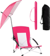 Pink beach umbrella chair with adjustable parasol, padded armrests, and breathable mesh for comfortable outdoor use.