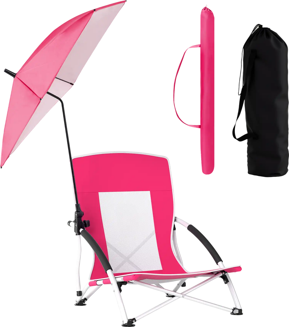 Pink beach umbrella chair with adjustable parasol, padded armrests, and breathable mesh for comfortable outdoor use.
