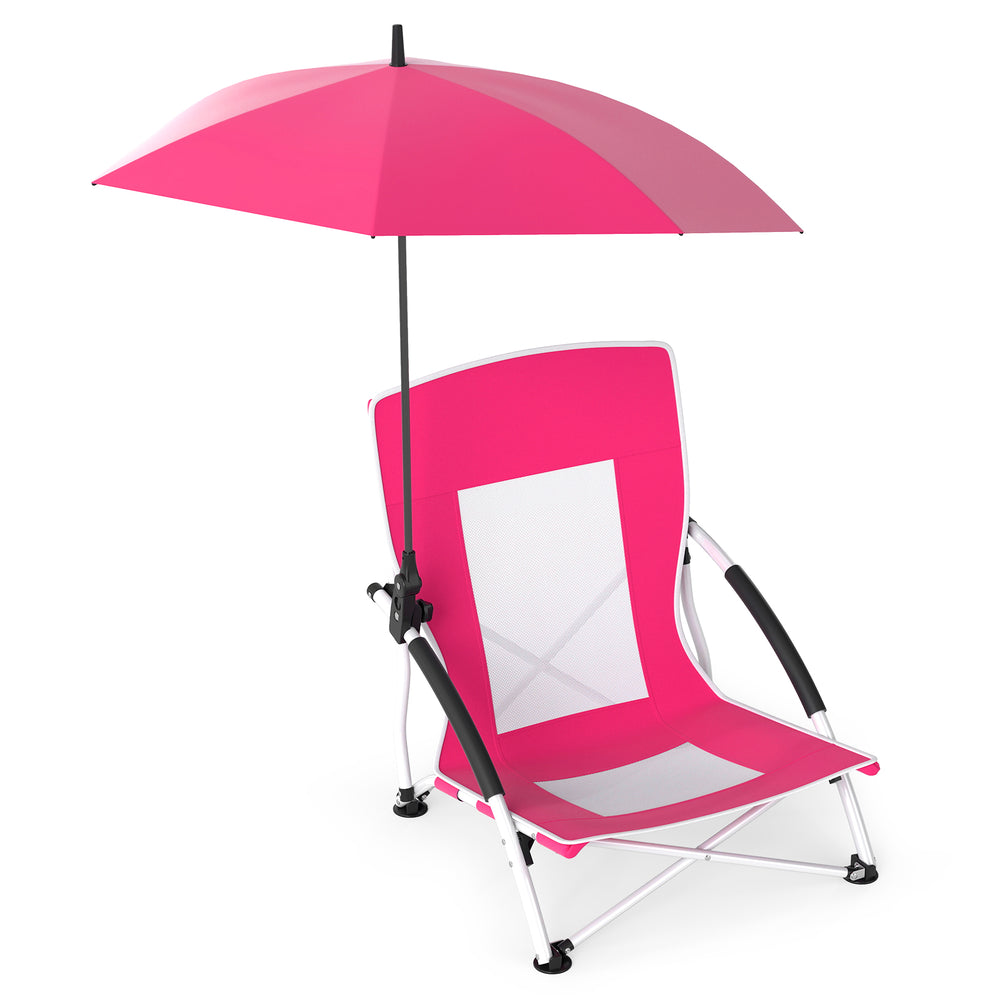 Pink beach umbrella chair with adjustable parasol, UPF50+ sun protection, and padded armrests for comfort.