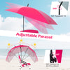 Adjustable pink parasol with 360° tilt and rotation, paired with a beach chair for sun protection and comfort.