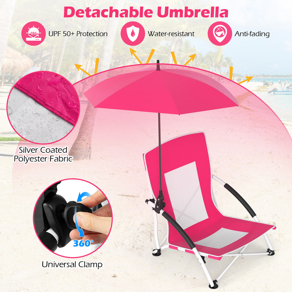 Pink beach umbrella chair with adjustable parasol, UPF50+ protection, and breathable mesh for comfort and airflow.