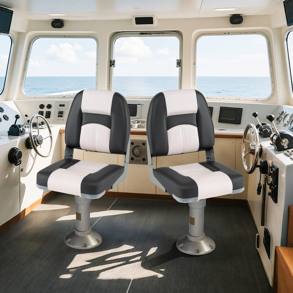 Two gray boat seats with thick sponge padding, PVC leather, and ergonomic design, ideal for marine use.