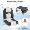 Boat seat dimensions showing a gray 2-pack with thick sponge padding, waterproof PVC leather, and 330 lbs capacity.