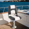 Gray boat seat with thick sponge padding, waterproof PVC leather, and ergonomic design, ideal for comfortable boating.