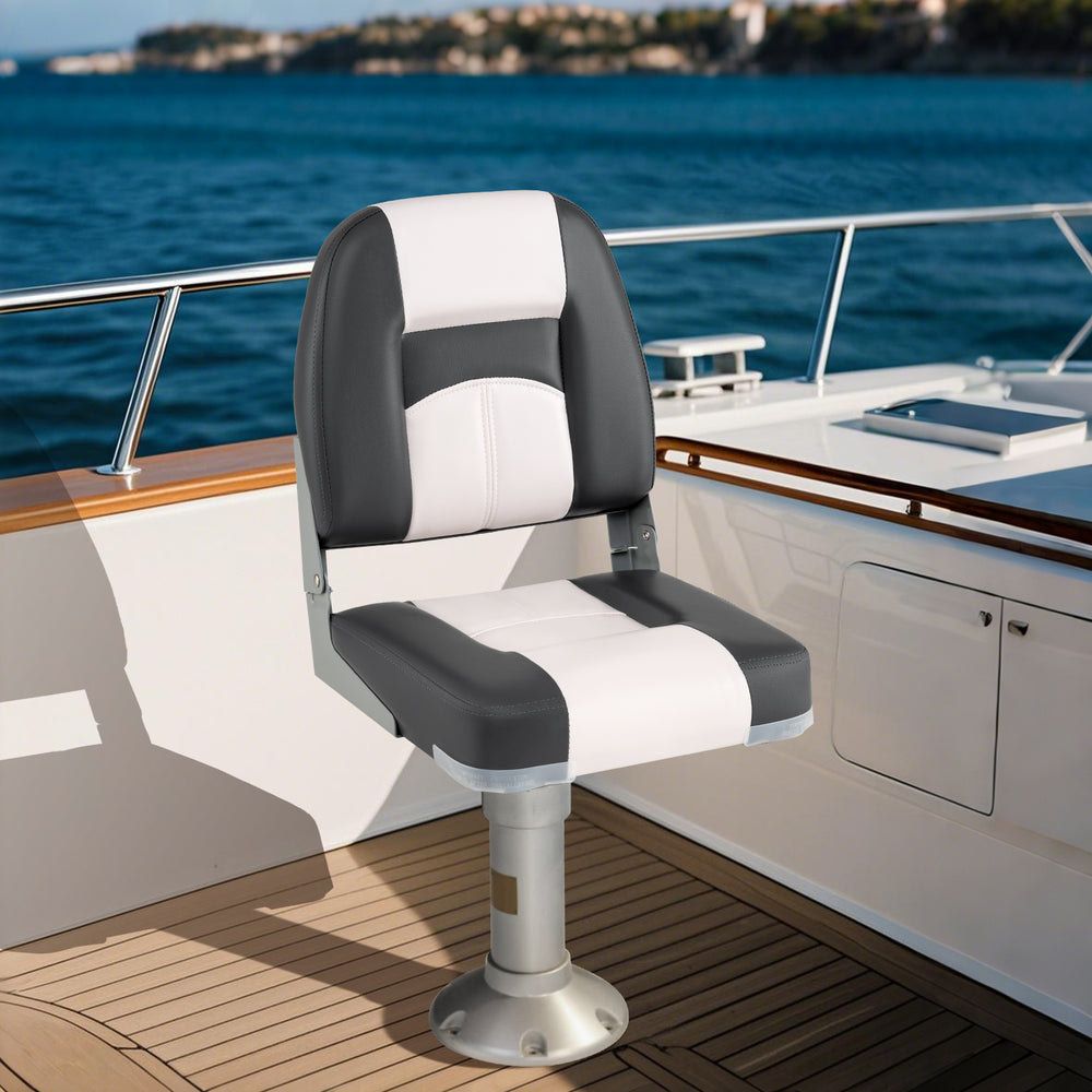 Gray boat seat with thick sponge padding, waterproof PVC leather, and ergonomic design, ideal for comfortable boating.