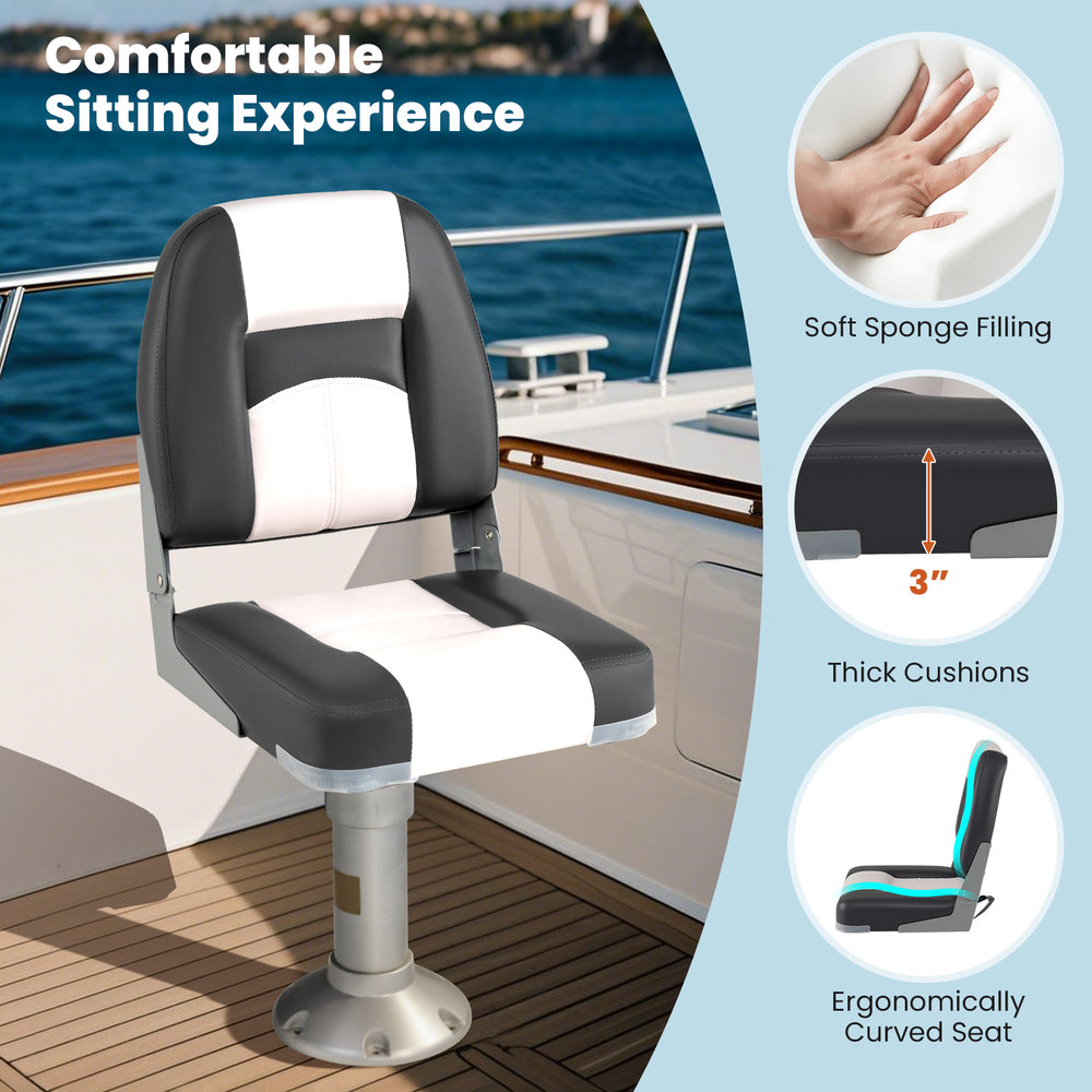 Ergonomically curved gray boat seat with thick sponge padding, waterproof PVC leather, ideal for comfortable boating.