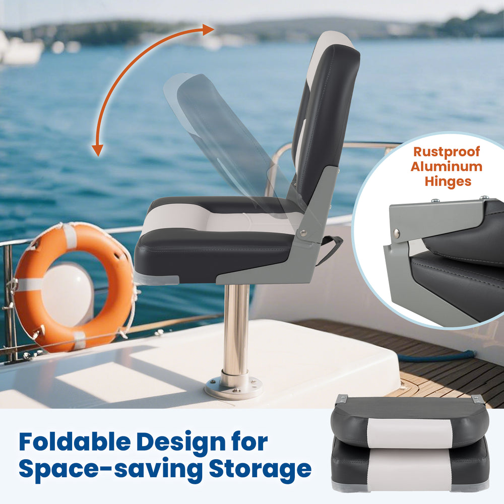 Foldable gray boat seat with thick sponge padding and rustproof aluminum hinges for space-saving storage on boats.