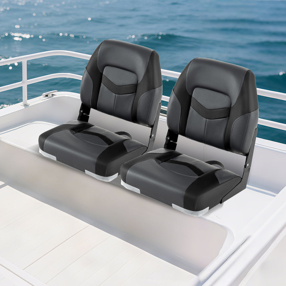 Two black boat seats with thick cushions and PVC leather, designed for comfort and durability, ideal for boating.