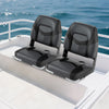 Two black boat seats with thick cushions and PVC leather, designed for comfort and durability, ideal for boating.