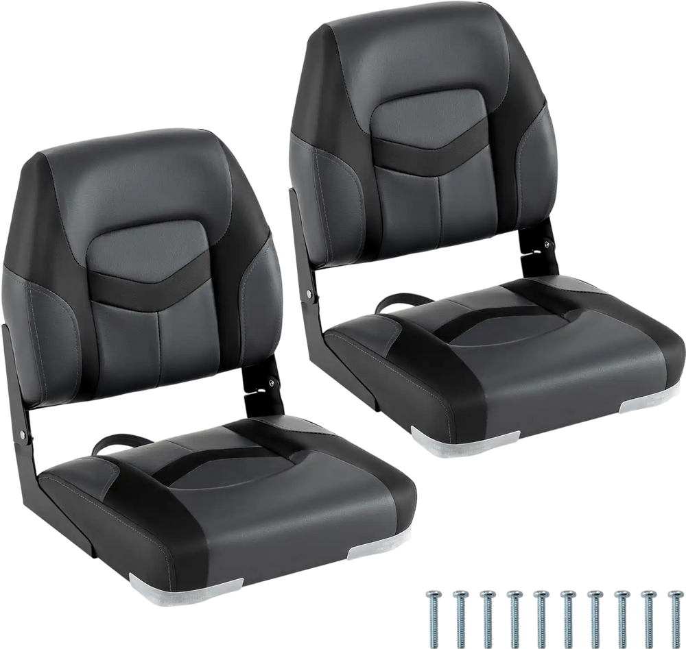 Black boat seats with thick cushions and ergonomic design, made of waterproof PVC leather, includes fixing bolts for.