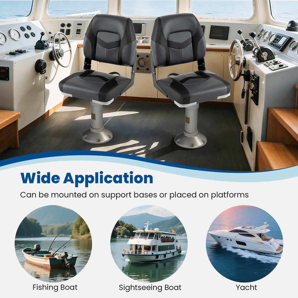 Black boat seats with thick cushions and ergonomic design, ideal for fishing, sightseeing, or yacht applications.