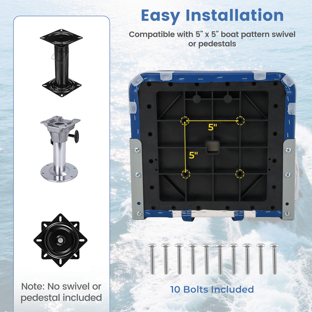 Boat seat installation plate showing 5" x 5" bolt pattern, includes 10 bolts for easy setup and strong support.