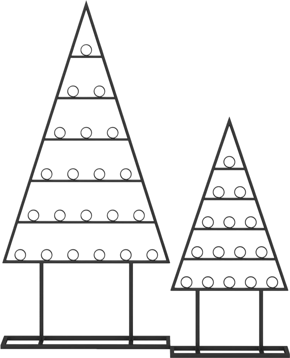 Christmas tree-shaped photo holder set with 36 round clips and sturdy metal frame for displaying holiday cards.