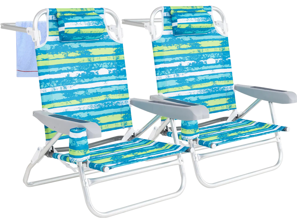 Two folding beach chairs in blue and green stripes with adjustable positions and head pillows, perfect for outdoor.