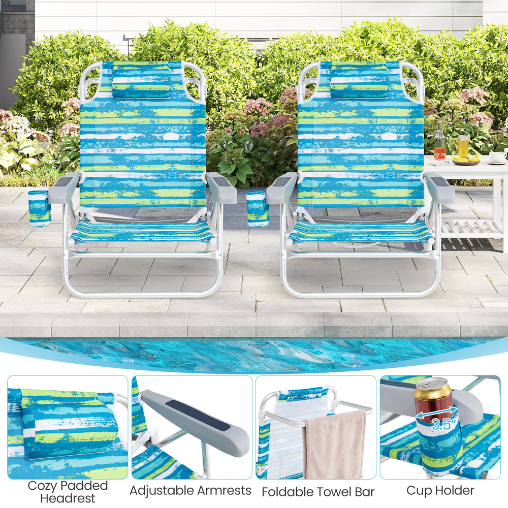 Two folding beach chairs with adjustable positions, padded headrests, and cup holders, perfect for outdoor relaxation.
