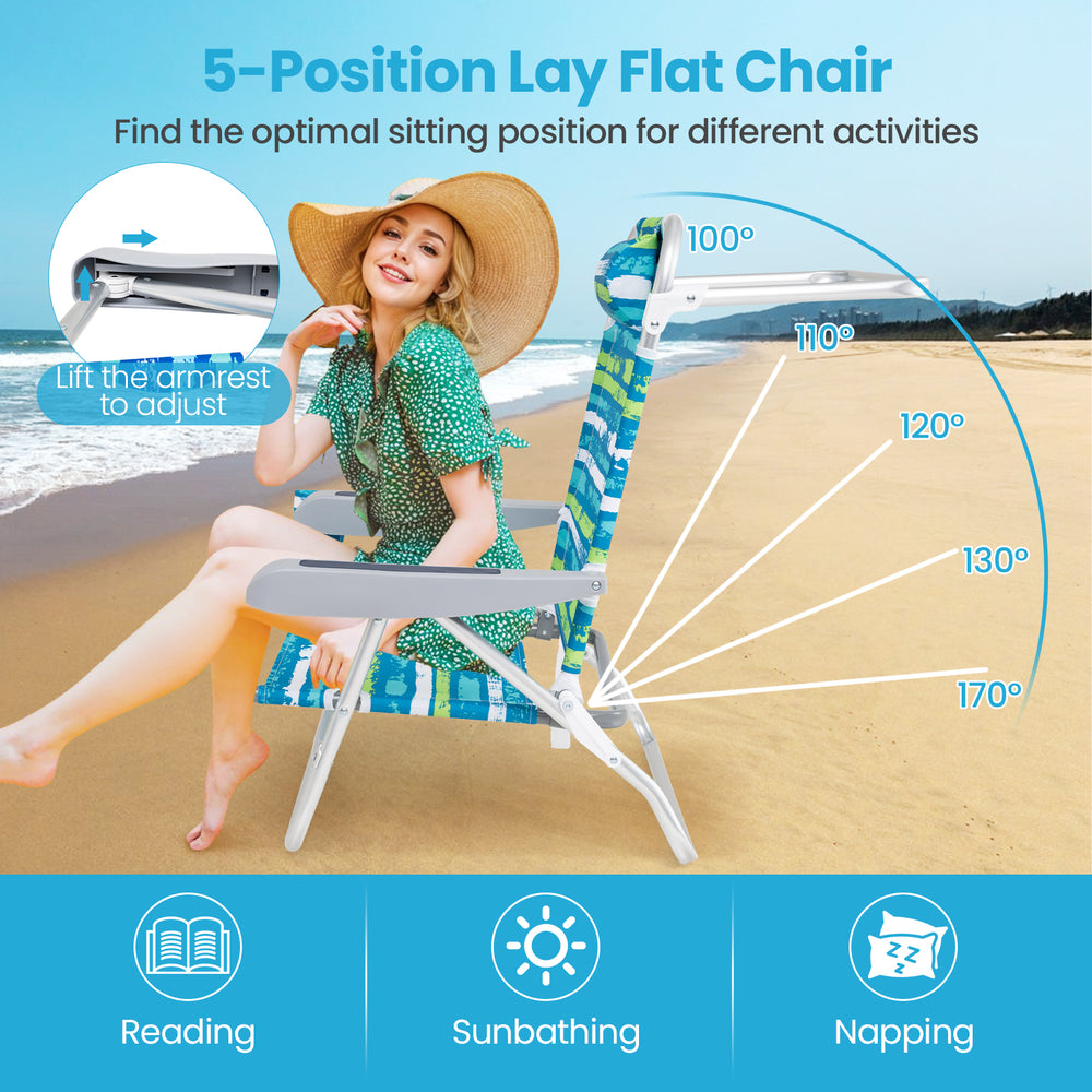 Adjustable 5-position folding beach chair in green with head pillow, perfect for sunbathing or napping at the beach.