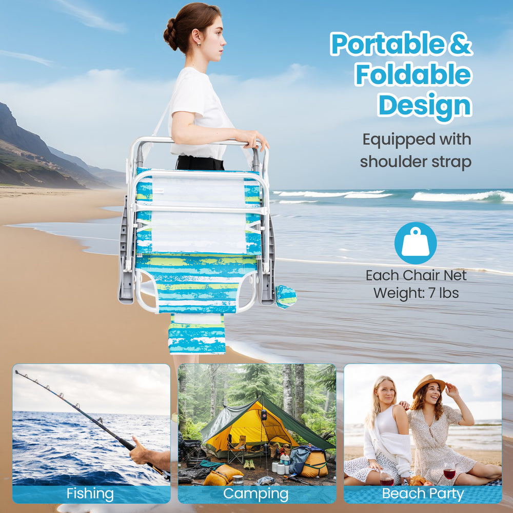 Folding beach chair in green with adjustable positions, head pillow, and shoulder strap for camping and beach outings.