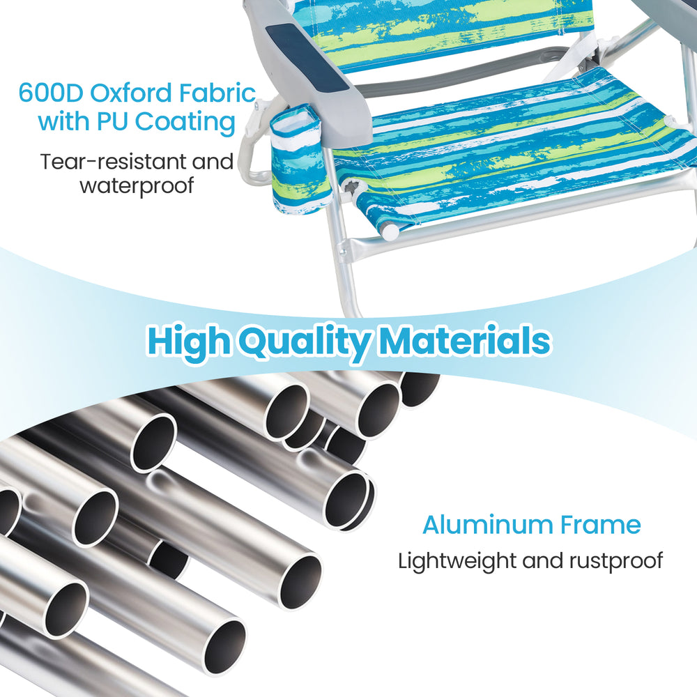 Folding beach chair in green with adjustable positions, 600D oxford fabric, and lightweight aluminum frame for outdoor.