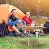 Folding camping table with wood-grain tabletop and aluminum legs, ideal for outdoor picnics and camping adventures.