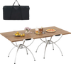 Folding camping table with wood-grain tabletop and aluminum legs, ideal for picnics, camping, and BBQs.