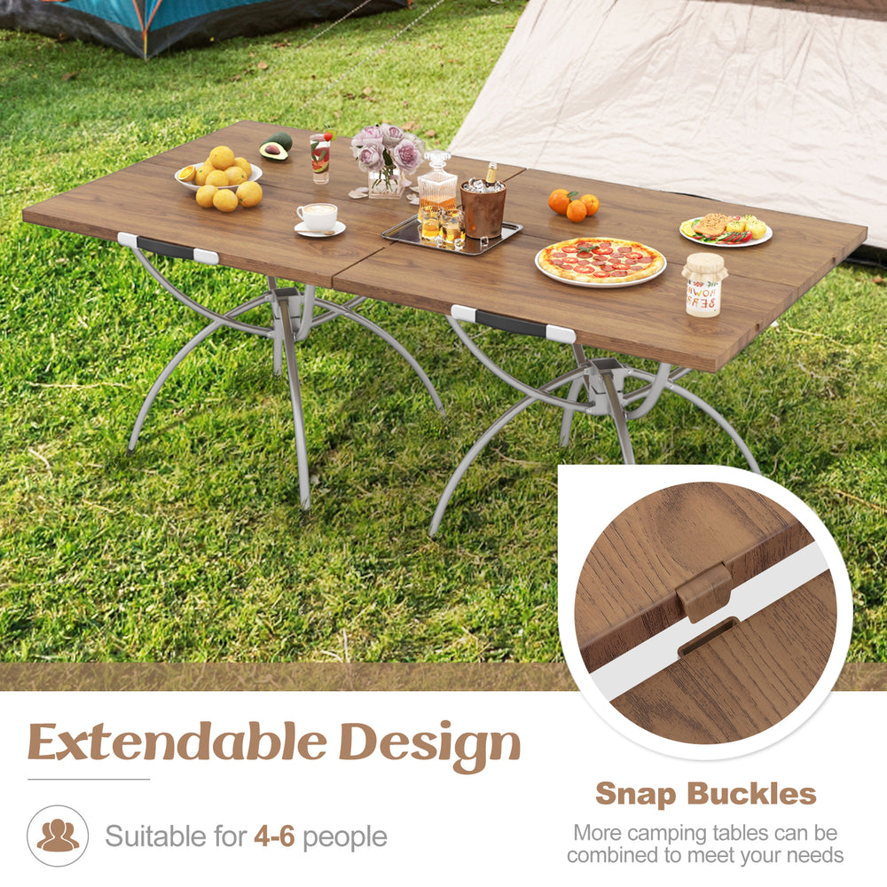 Folding camping table with wood-grain tabletop, suitable for 4-6 people, ideal for picnics and outdoor gatherings.