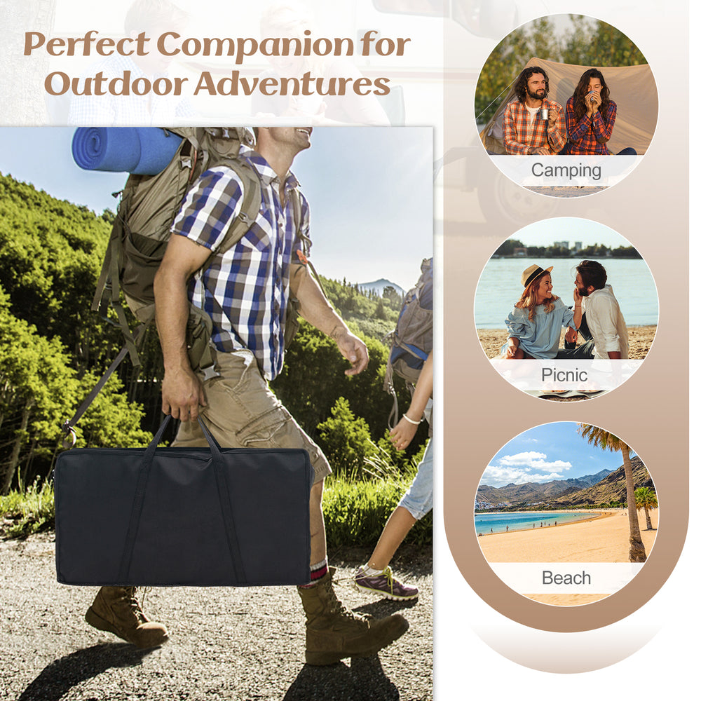 Folding camping table with wood-grain tabletop, ideal for beach, picnic, or BBQ, featuring stable aluminum legs and.