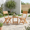 Two sturdy wood folding chairs with slatted backrests and a small table, perfect for outdoor garden or patio use.