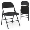 Black folding chair with metal frame and PVC leather, featuring a curved backrest for comfort, ideal for indoor and.