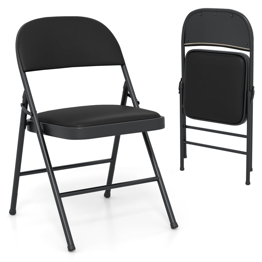 Black folding chair with metal frame and PVC leather, featuring a curved backrest for comfort, ideal for indoor and.