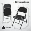 Folding chair with black PVC leather and metal frame, featuring dimensions for easy storage and portability.