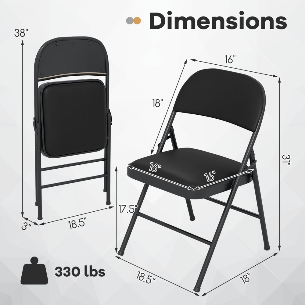 Folding chair with black PVC leather and metal frame, featuring dimensions for easy storage and portability.