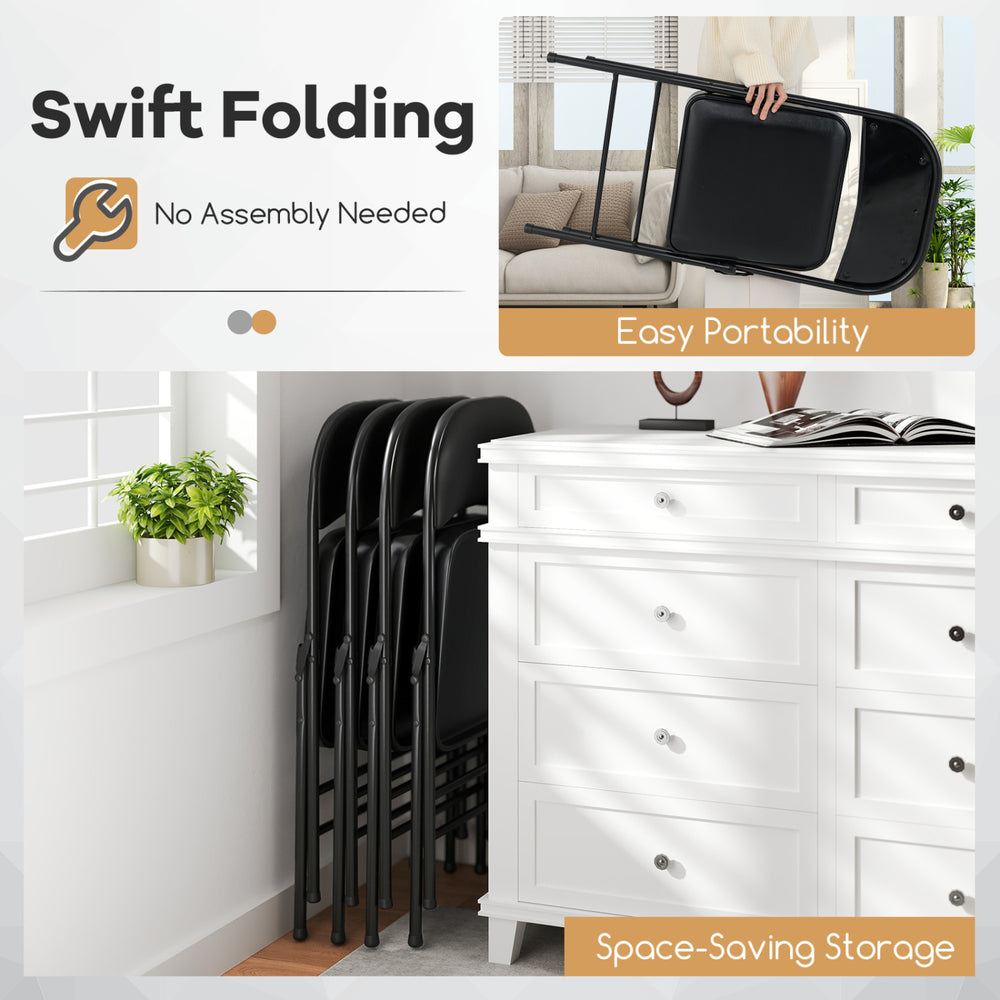 Folding chairs with metal frame and PVC leather, showcasing swift folding for easy portability and space-saving storage.