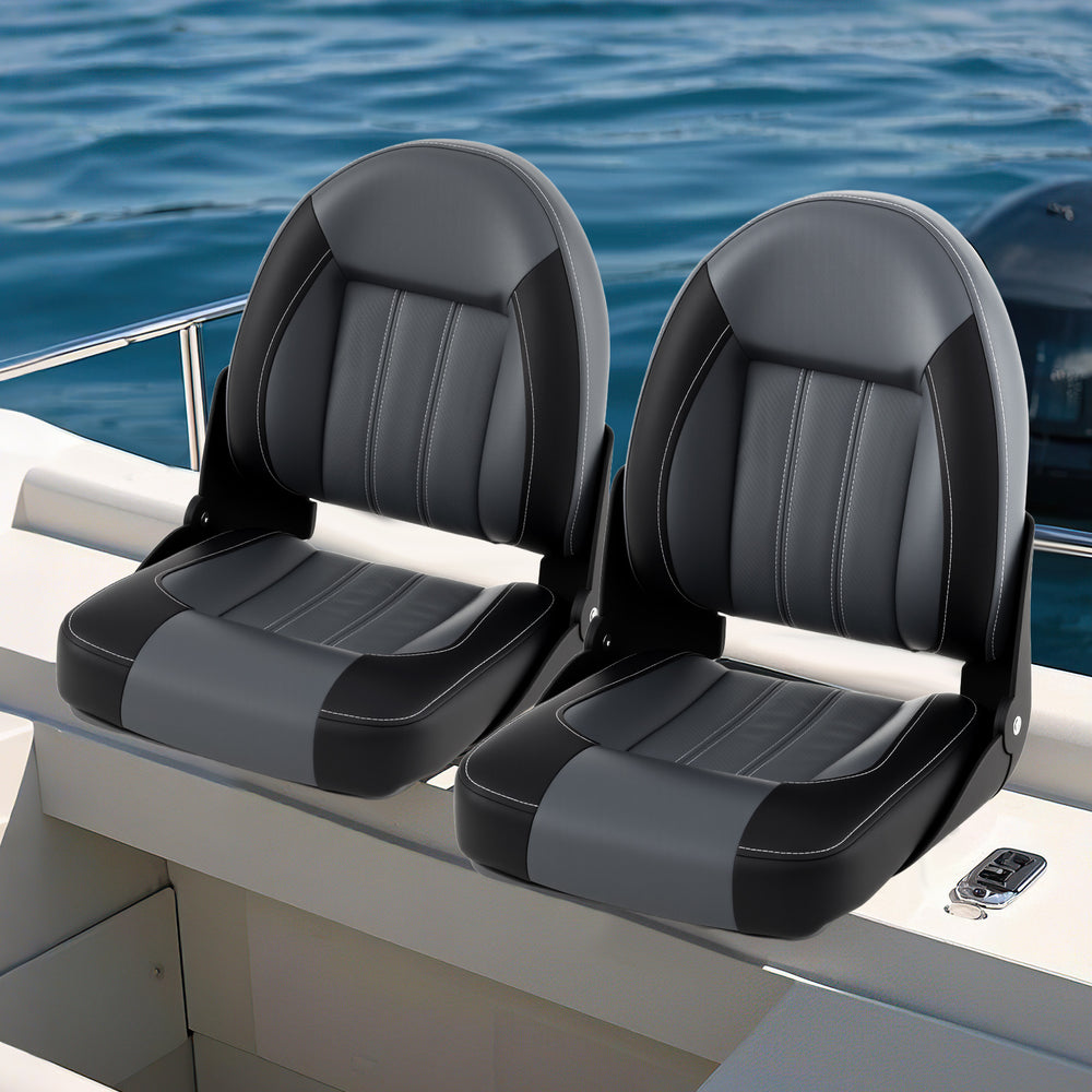 Folding high back boat chairs in black with sponge padding, designed for comfort and durability on watercraft.