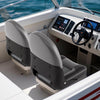 Two black folding high back boat chairs with sponge padding, designed for comfort and weather resistance.
